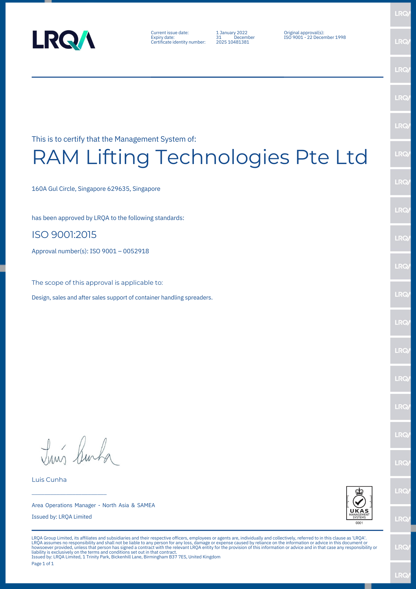 RAM Spreaders certificate of approval