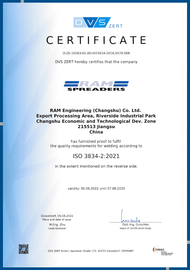 RAM Spreaders ISO certificate 